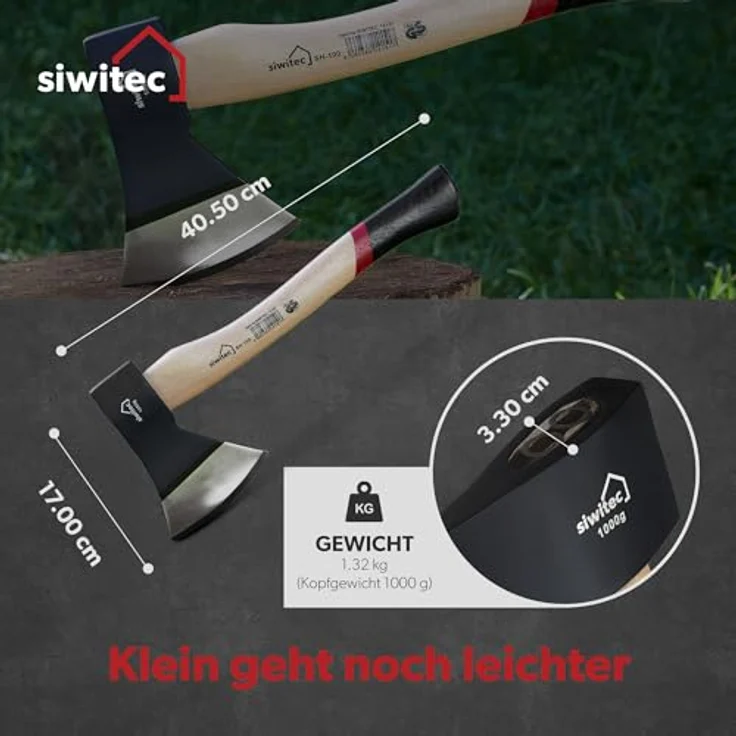 siwitec Holzaxt SH-100, Spaltaxt mit 1000 Gramm Kopfgewicht, Axt zum Holz spalten mit Hickory-Stiel und C45 Carbon Klinge, Beil, Spalthammer – Bild 2