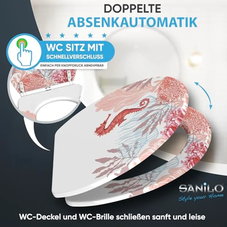 Sanilo WC Sitz Top Fix Sea Horse, bruchsicherer Holz-Toilettensitz mit Absenkautomatik, antibakterieller Beschichtung und einfachem Montagematerial – Bild 3