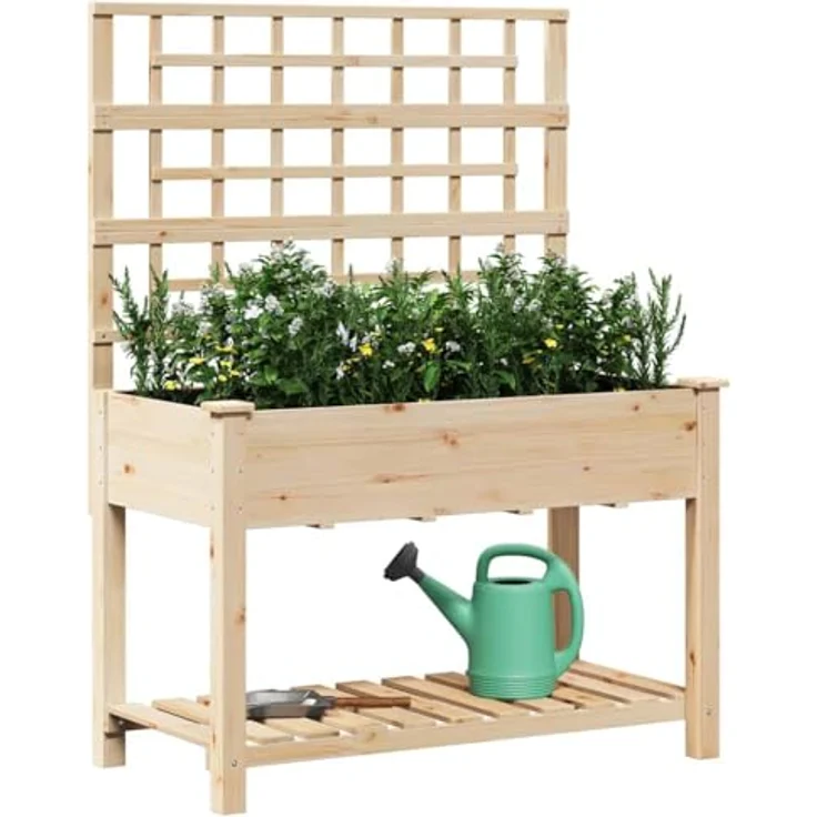 vidaXL Hochbeet Pflanzkasten mit Rankgitter und Regal, 115x59 cm, aus Kiefernholz, beige – Bild 1