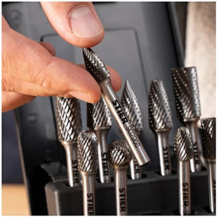 STIER Frässtifte-Set 10-teilig, 6 mm Schaftdurchmesser, Fräsformen: Zylinder Stirnverzahnung Walzenrundform Oval Tropfen Spitzbogen, hohe Schnittgeschwindigkeit 840 m/min – Bild 2