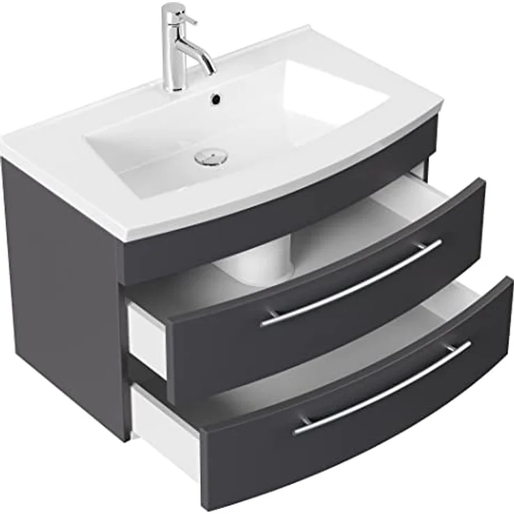 emotion Waschbecken mit Unterschrank in Anthrazit Seidenglanz, B82 x H53,2 x T49 cm, Mineralgussbecken mit zwei Schubladen und Softclose-System – Bild 4