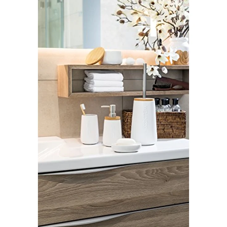 axentia WC Garnitur aus Dolomit in Grau mit Bambus & Edelstahl Griff - Toilettenbürste mit Halter stehend - Bürstengarnitur ohne Bohren - WC Bürste & Behälter – Bild 4