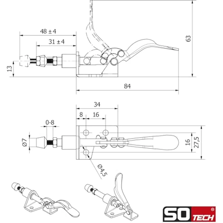 SO-TECH Kniehebelspanner Kniehebelklemme, Haltekraft 45 kg, 2 Stück, rot – Bild 5