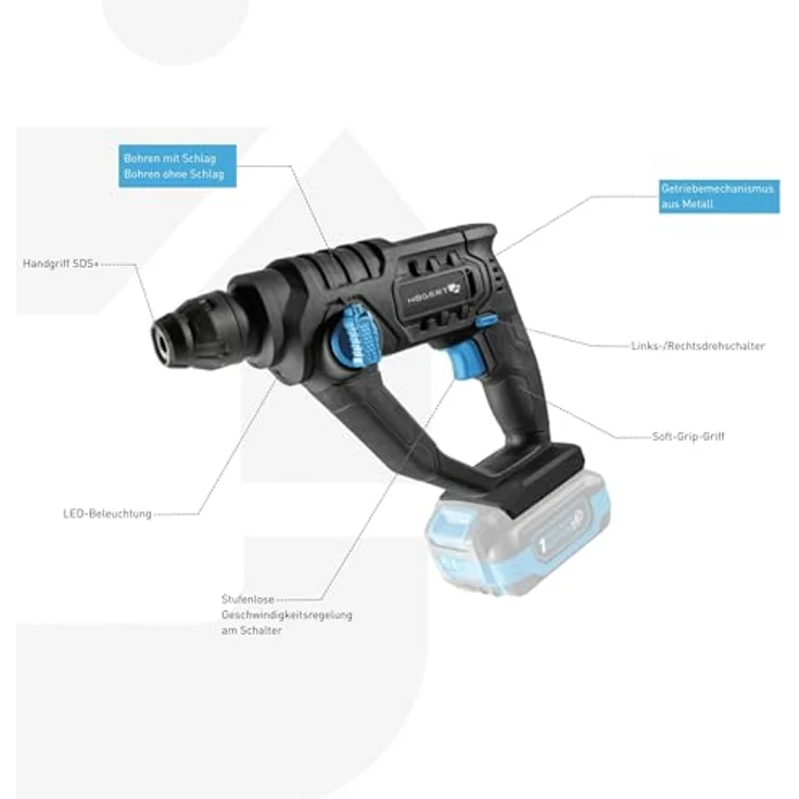 HÖGERT TECHNIK Akku-Schlagbohrhammer 18V OneAccuSystem, 1,5 J Schlagenergie, SDS+ Bohrfutter, 5100 IPM, LED-Beleuchtung für Mauerwerk, Beton, Holz und Metall, ohne Akku – Bild 5