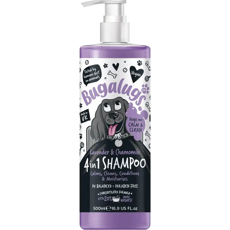 Bugalugs Hundeshampoo 4in1, Lavendel & Kamille, pH neutral, 500ml, mit Vitaminen, vegan, für alle Felltypen