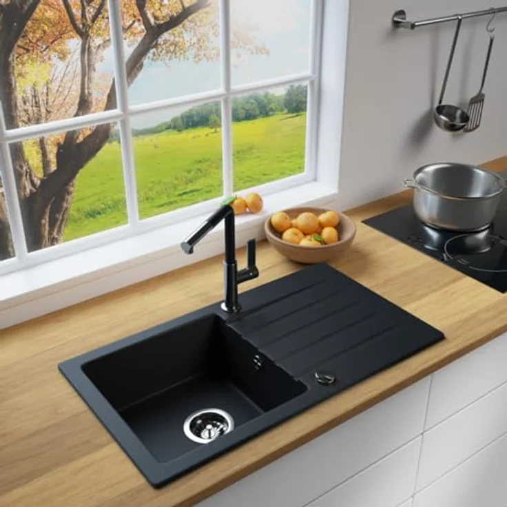 Lindbergh Spülen Rein Schwarz Antibakterielle Granit Spüle "MEG44" + Siphon - MADE IN GERMANY, 30 ml Imprägnierung - küchenspüle spülbecken, schwarz – Bild 2