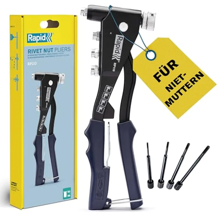 Rapid RP110 Blindnietmutterzange, für M3, M4, M5, M6 Blindnietmuttern, Aluminium-Druckguss, Softgrip-Griff, integrierter Montageschlüssel