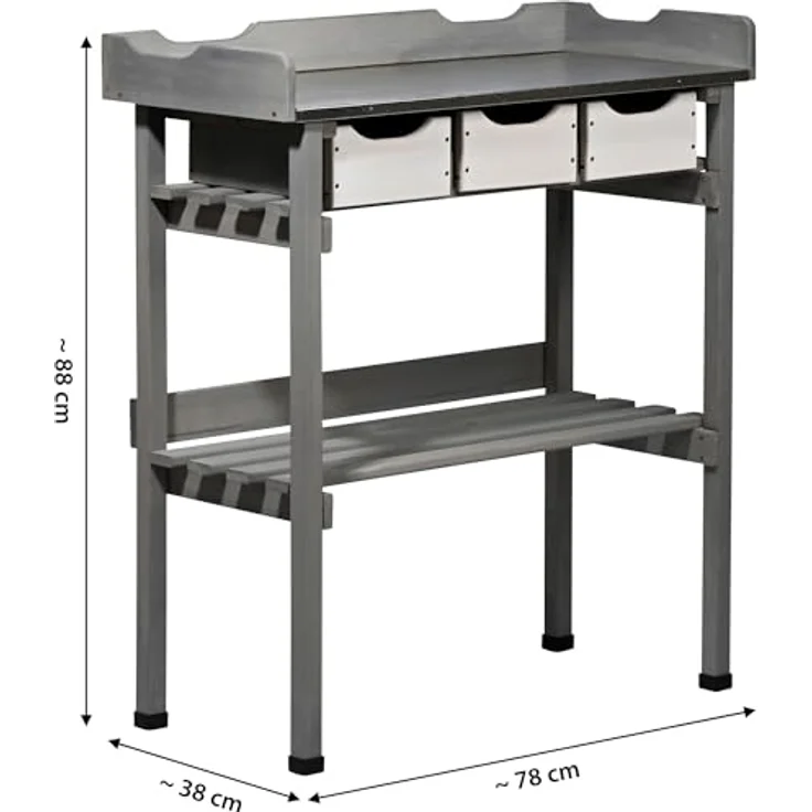 dobar® Pflanztisch, 3 Schubladen und Ablageboden, Massivholz mit verzinkter Arbeitsplatte, 78 x 38 x 88 cm, Grau-Weiß – Bild 2