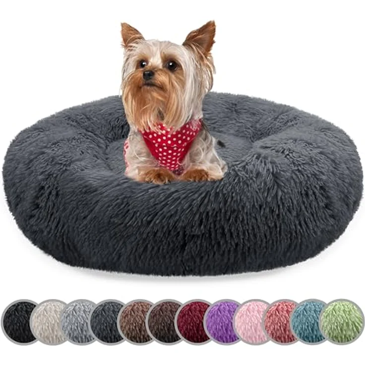 bluzelle Hundebett für kleine Hunde & Katzen, 50cm Hundekissen Rund Donut Kissen Hundekorb Plüsch, Katzenbett Flauschig Katzenkissen Waschbar rutschfest Weich, Dunkel-Grau – Bild 1