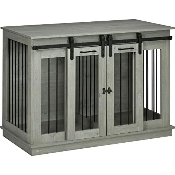 PawHut Hundekäfig Möbel, Zweiraum-Option mit 2 Türen, moderne Metall Hundebox für große Hunde bis 30 kg, 120 x 60 x 88,5 cm, grau
