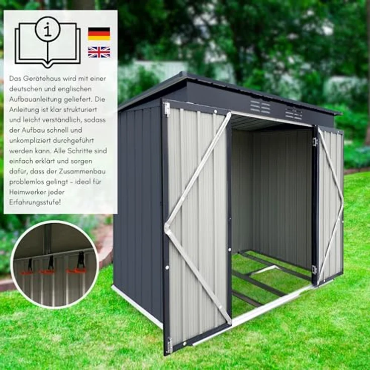 ALBATROS Profi Gerätehaus L – verzinktes Metall in Anthrazit (RAL 7016) | 202x118x173cm, 4,1m³ | Inkl. Schloss & Werkzeughaken | wetterfester Geräteschuppen, Gartenschrank, Gerätehütte – Bild 3