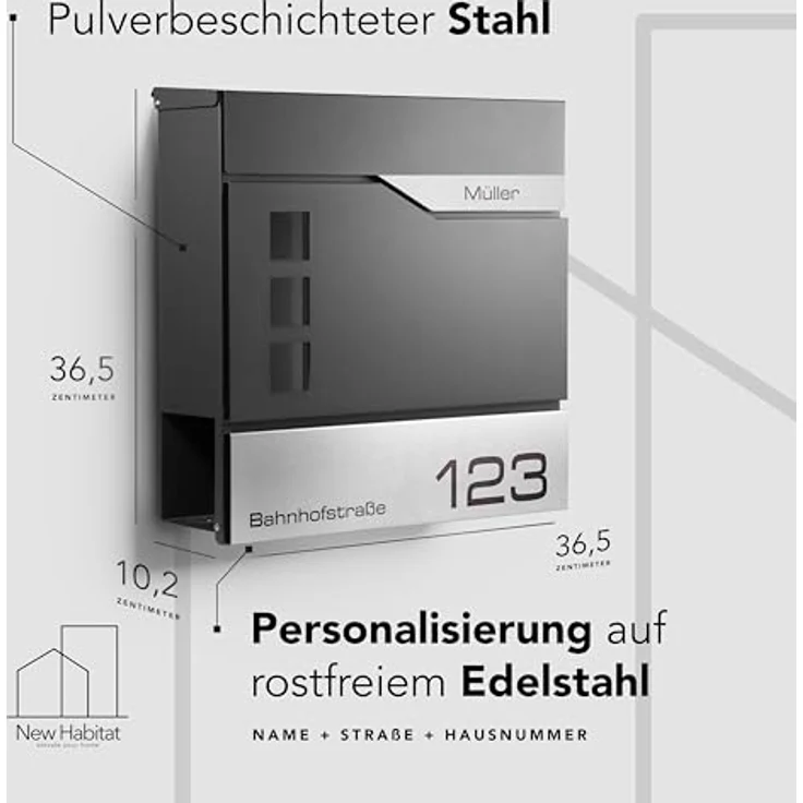 NewHabitat Moderner Briefkasten Personalisierbar Oslo Anthrazit RAL7016 mit Zeitungsfach, Edelstahl Namensschild und Hausnummer Gravur I Rostfrei und UV-beständig – Bild 3