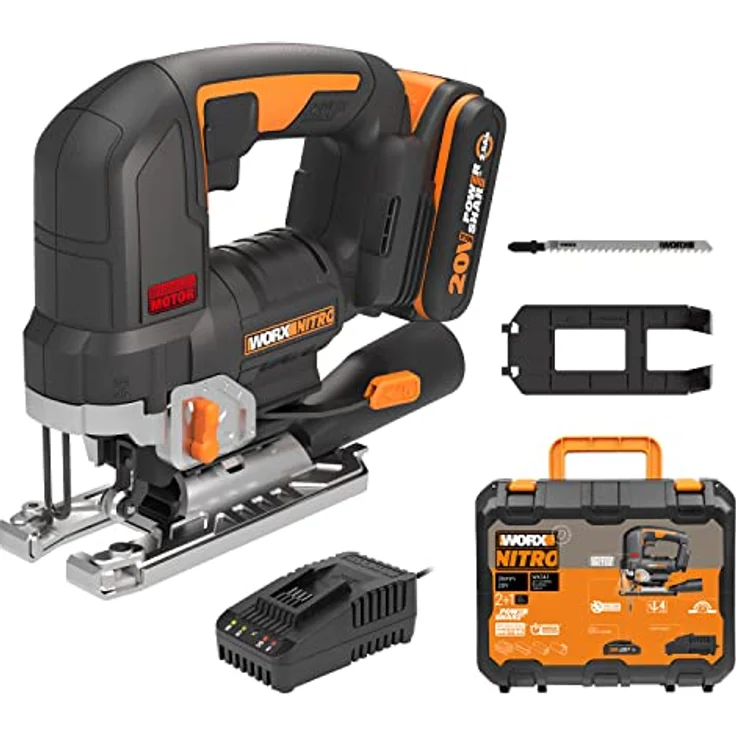 WORX NITRO WX542 Akku-Pendelhub-Stichsäge 20V - Bürstenloser Motor - Profi Stichsäge mit Absaug-Adapter - Ideal auch für Gehrungsschnitte - PowerShare kompatibel - mit Akku & Schnellladegerät, Schwarz – Bild 1