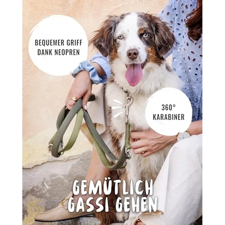 Rudelkönig Führleine Bella, 2,30m verstellbare Hundeleine für mittelgroße & große Hunde, weiche Khaki Lederleine aus Neopren & Nylon – Bild 4