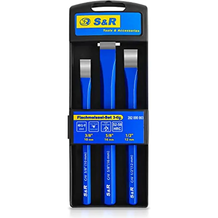 S&R Meißel-Set, 3-teiliges Hand-/Flach-/Steinmeißel-Set aus Ch-V-Stahl, hitzegehärtet für Metall-, Holz- und Bet bearbeitung