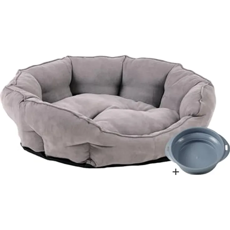 Rohrschneider Hundebett Katzenbett George mit Futternapf - Gr. M, waschbar bis 30°C, samtig weich - grau/Taupe