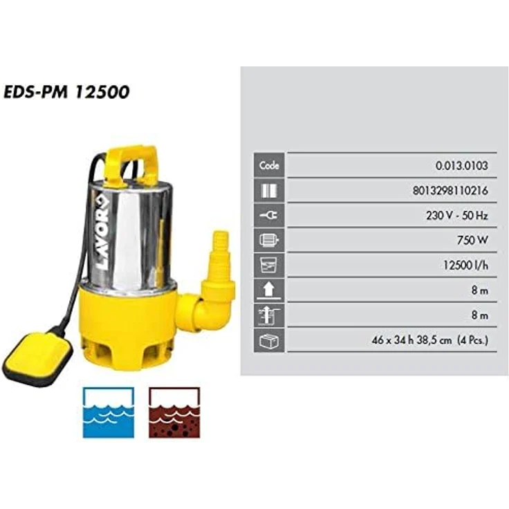 Lavor EDS-PM 12500, Edelstahl Tauchpumpe für Schmutzwasser mit 12.500 l/h Fördermenge und 750 W Motor, gelbes Gehäuse – Bild 4