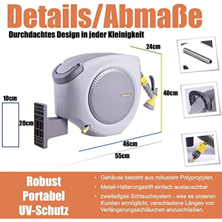 Fanztool Wandschlauchbox FANZTOOL 35m+2m Schlauchbox Set mit Wandhalterung, FlexiStop-Funktion, 8 Funktionen Handbrause, umweltfreundlicher Wasserschlauch - Grau – Bild 6