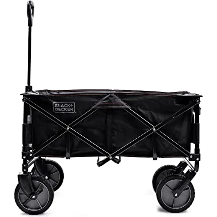 Black+Decker Bollerwagen BDCWBK01, faltbar mit Klettverschlussfach, 2 Außentaschen, Vollgummi-Reifen und Feststellbremse, bis 80 kg Tragkraft, schwarz – Bild 3