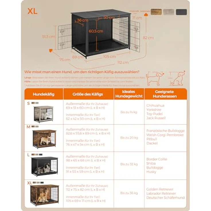 Feandrea Hundekäfig Möbel, Beistelltisch, Hundebox, Moderne Hundehütte Indoor für Hunde bis zu 36 kg, hochbelastbar, tintenschwarz PFC004B01 – Bild 5