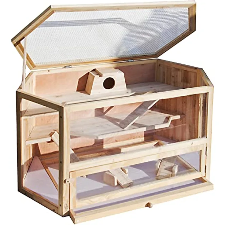Wiltec XXL 3 Etagen Nagerkäfig, 6-eckig, aus Holz, mit klappbarem Deckel & Sichtfenster, Mäusekäfig Hamsterkäfig