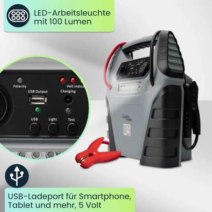 Casativo 5-in-1 Powerbank mit Starthilfe Booster & Luftkompressor, 12V, 20000 mAh, 1000A, 150 PSI, grau/schwarz für Auto, Motorrad & Outdoor – Bild 2