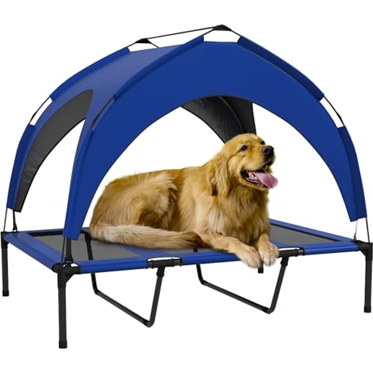 PawHut Erhöhtes Hundebett mit Baldachin, Haustierbett, Outdoor Hundeliege mit Dach, Atmungsaktiv, für große Hunde Dunkelblau Oxford 106 x 76 x 94 cm – Bild 1