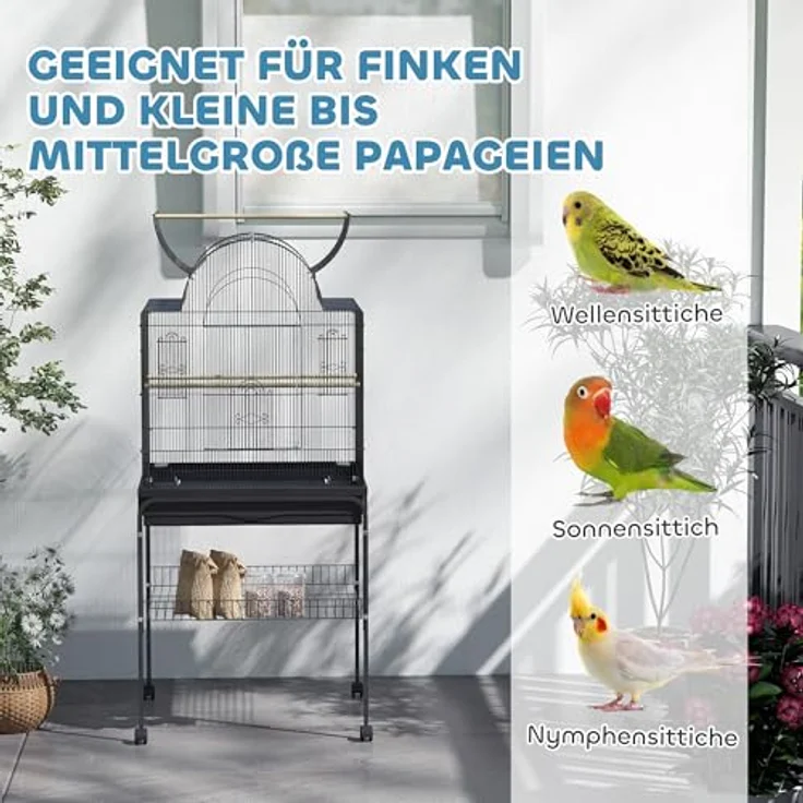 PawHut Vogelkäfig Wellensittichkäfig mit Tablett, Futterstation und Ablagefläche, Stahl Schwarz, 63 x 53 x 144 cm – Bild 8