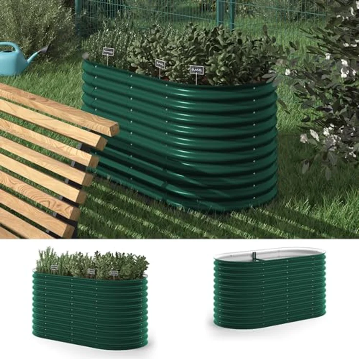 ok-Living Hochbeet Kräuterbeet oval 160x80x82cm, grünes Gemüsebeet aus verzinktem Stahl für Garten und Frühbeet Aufzucht – Bild 3