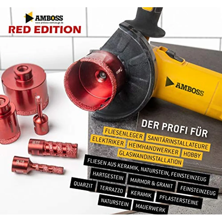 Amboss RED EDITION M14 Diamant Bohrkrone - für Winkelschleifer - Feinsteinzeug, harte Fliesen, Granit/Die ideale Trockenbohrkrone (Ø 50 mm) – Bild 2