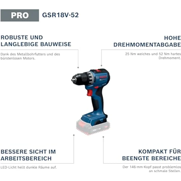 Bosch Professional GSR18V-52, Akku-Bohrschrauber mit 52 Nm Drehmoment, kompakt 146 mm Länge, Karton – Bild 3