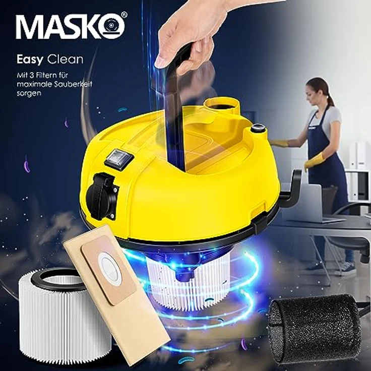 MASKO 6IN1 Industriestaubsauger Staubsauger Nass Trocken Sauger Aschesauger 2300W + Steckdose   Blasfunktion   Trocken-Saugen & Nass-Saugen   Industrie-Sauger mit & ohne Beutel   beutellos Gelb – Bild 6