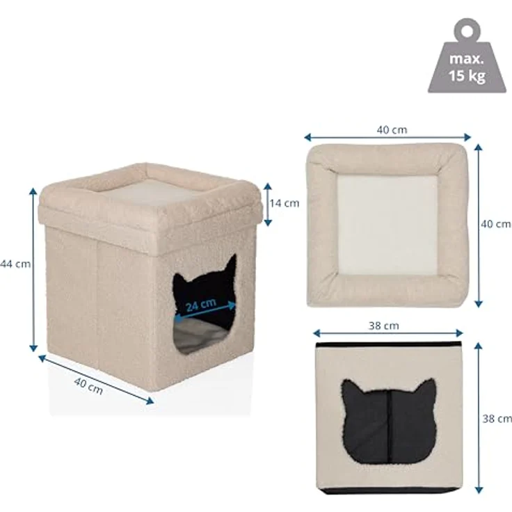 hjh LIVING Pawy Es Katzenbett + Hundebett, eckige Katzenhöhle mit Katzenkopfform, faltbares Design, Bouclé-Stoff, abnehmbares Teddy-Kissen – Bild 2