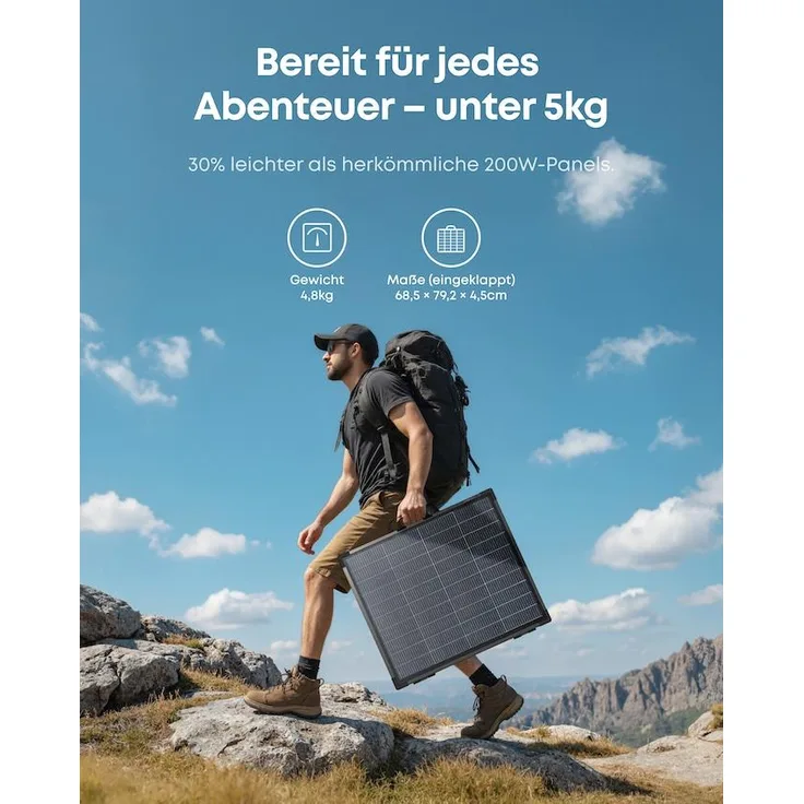 Anker SOLIX PS200 B, tragbares bifaziales Solarpanel mit 200W Leistung und über 25 % Wirkungsgrad, IP68 wetterfest