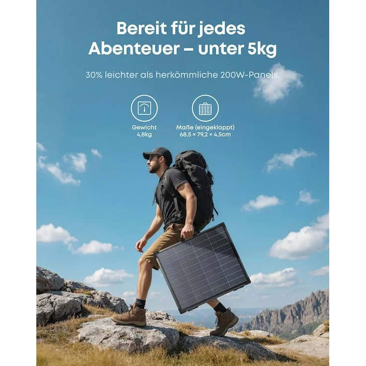 Anker SOLIX PS200 B, tragbares bifaziales Solarpanel mit 200W Leistung und über 25 % Wirkungsgrad, IP68 wetterfest