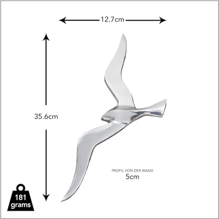 Wanddeko-Objekt Möwe 36cm Aluminium Silber Wand Deko-Figur – Bild 5