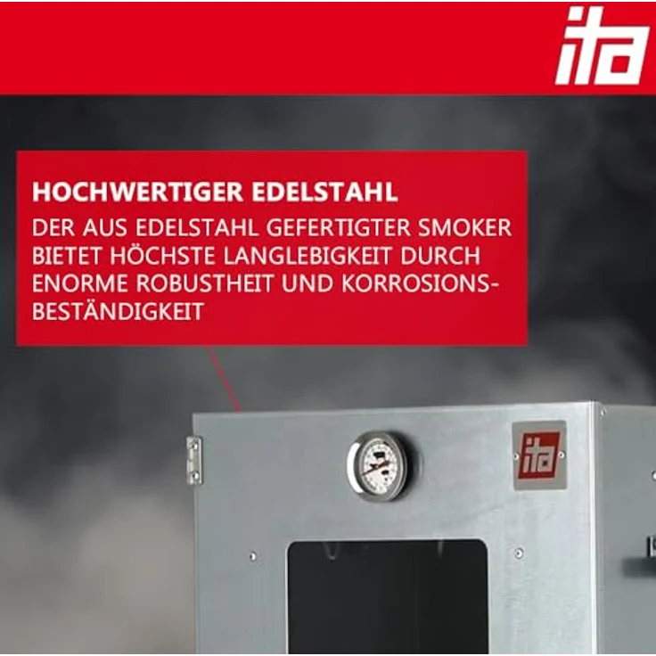 ITA Elektrischer Räucherofen 7002, Smoker Set aus Edelstahl mit Heizung, Tisch, Rauchgenerator, 3 Etagen, 81 cm, EU Qualität – Bild 4