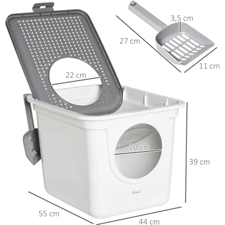PawHut Katzentoilette mit Deckel Katzenklo mit Schaufel, Toilette für Katzen bis 5 kg, für Indoor, Kunststoff, Grau+Weiß, 44 x 55 x 39 cm – Bild 3