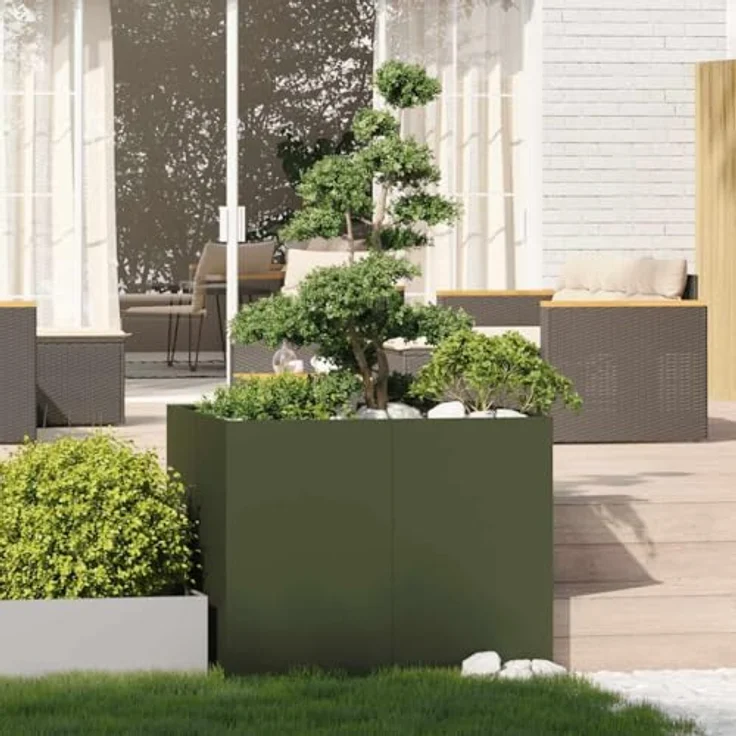 vidaXL Pflanzgefäß Olivgrün 100x100x80 cm Stahl, Pflanzschale, Hochbeet, Outdoor-Pflanzgefäß – Bild 4