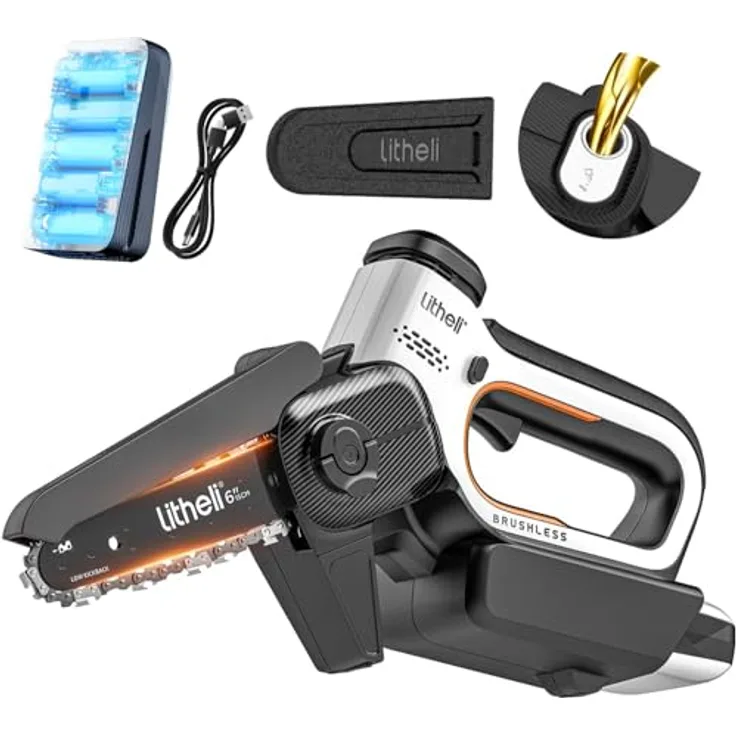 LiTHELi Mini Kettensäge mit Akku, 6 Zoll, Automatische Kettenschmierung, Bürstenloser Motor, Doppel-Sicherheitsverschluss - Geeignet für Äste, Höfe, Zuhause und Garten