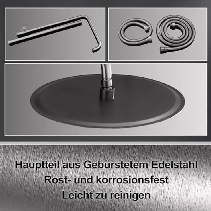 Görbach Regendusche Duschsystem, Rund 20 cm, Edelstahl Duschkopf, Gunmetal Grau, verstellbare Duschstange, ohne Armatur – Bild 4