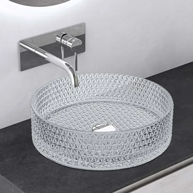 Mai & Mai Aufsatzwaschbecken Glaswaschbecken Handwaschbecken Rund BxTxH 39x39x12 cm Transparent Minerva07 - nahtloses Design, hygienisches Glasmaterial, leicht zu reinigen