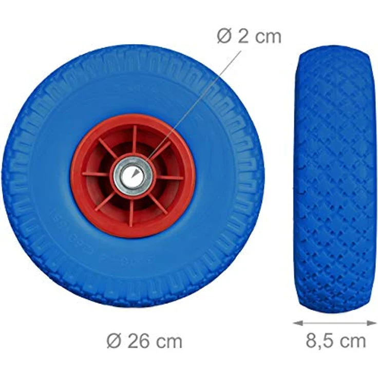 Relaxdays 4 x Sackkarrenrad, pannensichere Vollgummireifen, 3.00-4 Zoll, 20 mm Achse, bis 80 kg, Ersatzrad 260 x 85 mm, blau-rot – Bild 4