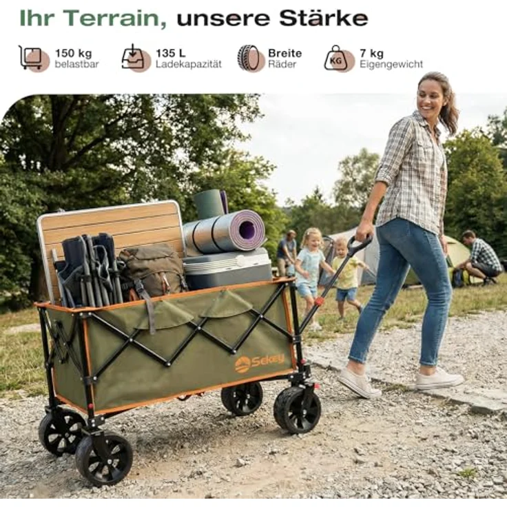 Sekey XXL Bollerwagen Faltbar, 135L Volumen, 150KG belastbar, leichte All-Terrain-Räder, breiter Handwagen mit Bremse, patentierter 4-Wege-Sofortaufbau, Grün mit Orange – Bild 2