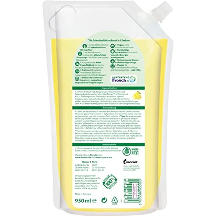FROSCH Dusche & Bad Reiniger Citrus, 950ml Nachfüller, kraftvoll gegen Kalk, umweltfreundlich – Bild 2