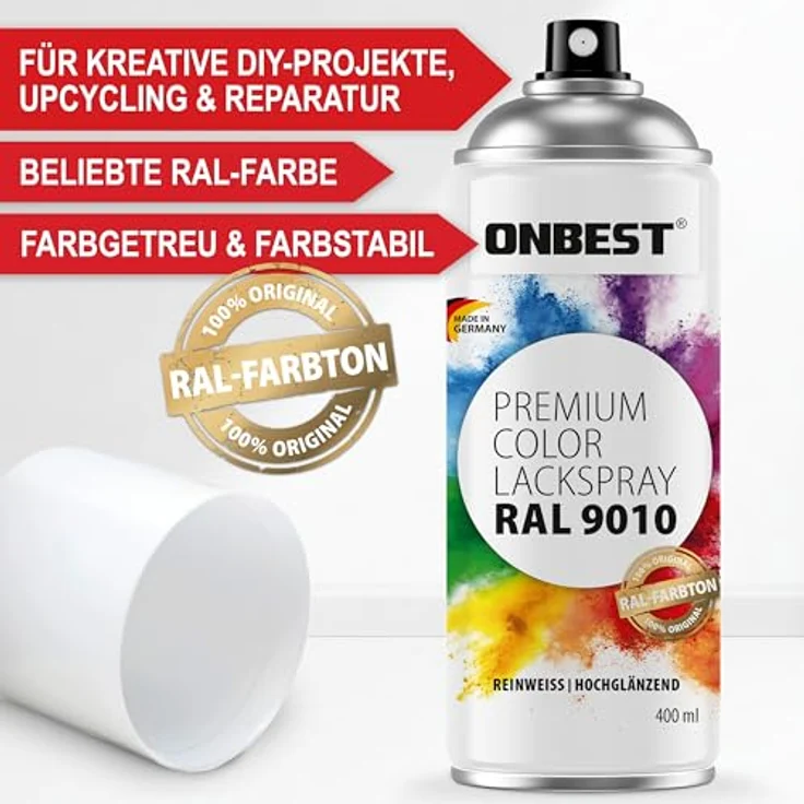 Onbest PREMIUM Lackspray, 400 ml, hohe Pigmentierung, witterungsbeständig, Verkehrsweiß Glanz (RAL 9016) – Bild 3