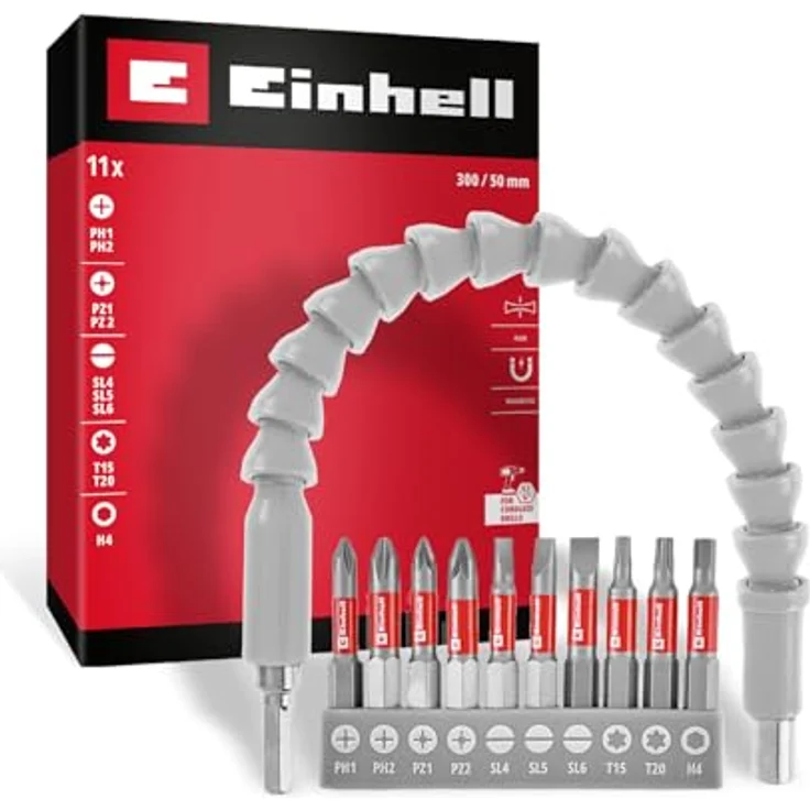 Einhell 133115 Bit-Set 11teilig, Schlitz, PH, PZ, T-Profil, Innen-Sechskant, Sechskant mit 300 mm Biegsamer Welle und Bithalter – Bild 1