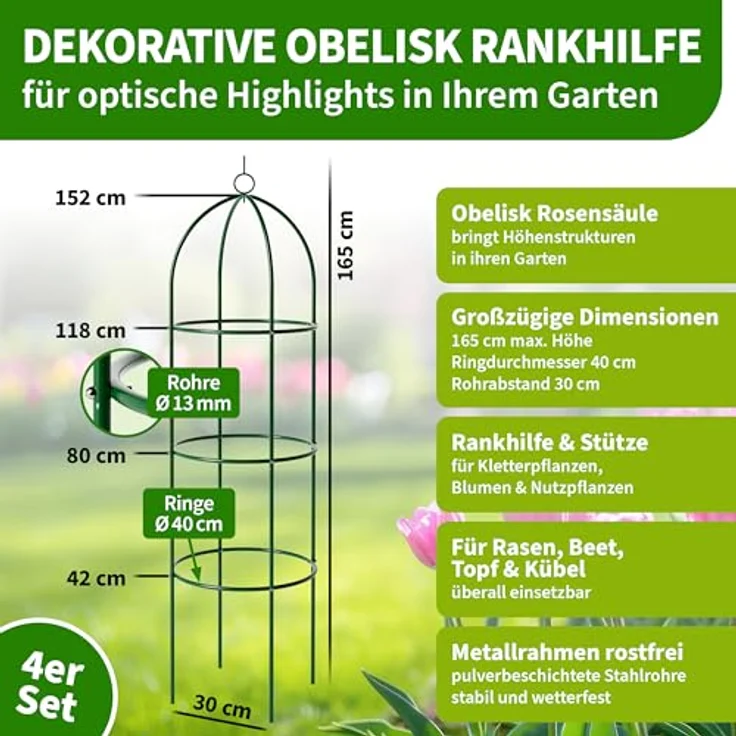 TTL Garden Obelisk Rankhilfe L 165x40cm grün 4er Set, rostfreies Metall-Rankgitter für Kletterpflanzen, pulverbeschichteter Stahl, 165 cm hoch, 40 cm Ø, ideal für Rosen, Clematis, Tomaten und Gurken – Bild 2