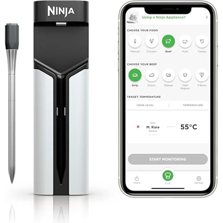 Ninja ProChef Kabelloser Temperaturfühler/Bratenthermometer, 50m Bluetooth-Reichweite, 30h Batterielaufzeit, App-Verbunden, Hitzebeständig, Wasserdicht, WP100EU – Bild 1