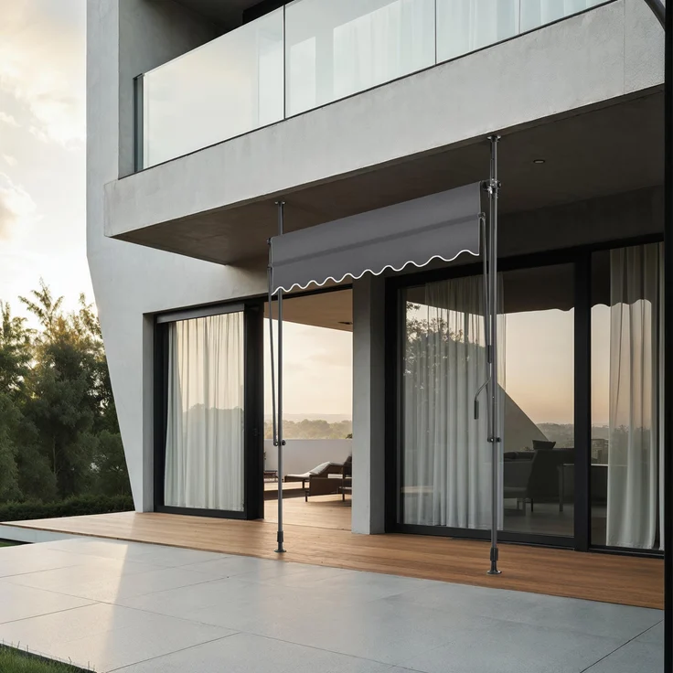 Tectake Klemmmarkise mit Handkurbel, höhenverstellbar - 200 x 180 cm, schwarz/grau, UV-beständig, wasserabweisend